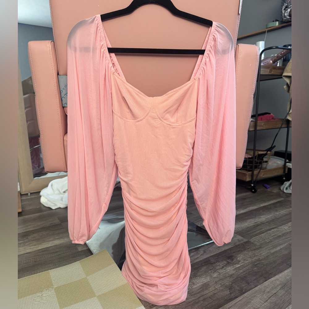 SHEIN Pink Long Sleeve Ruched Dress